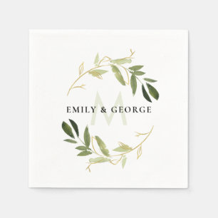 CHIC GREEN GOLD FOLIAGE WREATH MONOGRAM WEDDING NAPKINS