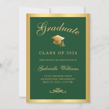 Chic Green Gold Frame Script Graduation Announcement by ilovedigis at Zazzle