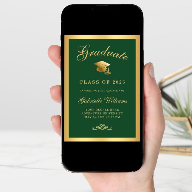 Chic Green Gold Frame Script Graduation Announcement (Front Digital)