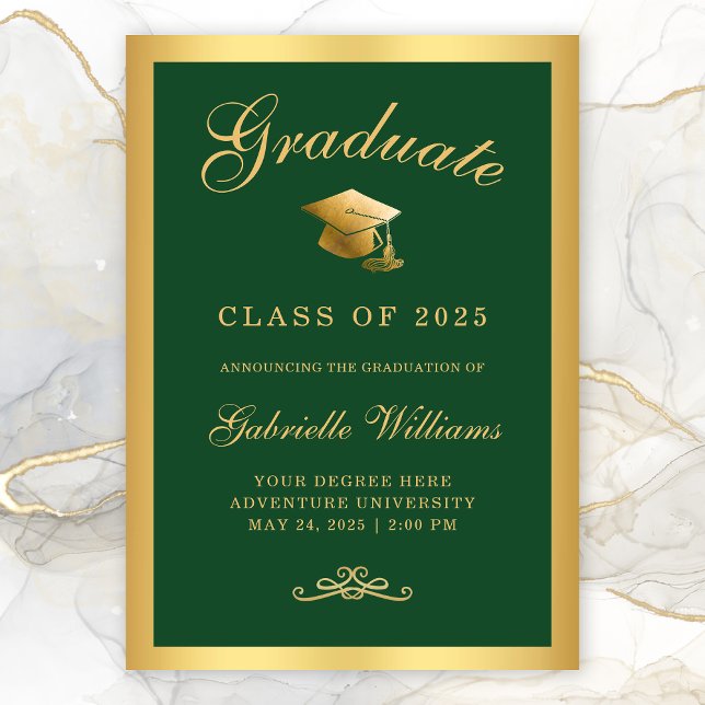 Chic Green Gold Frame Script Graduation Announcement (Elegant Green Gold Border Typography Graduation Announcement)