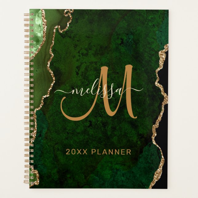 Chic Green Gold Glitter Agate Custom Monogram 2024 Planner (Front)