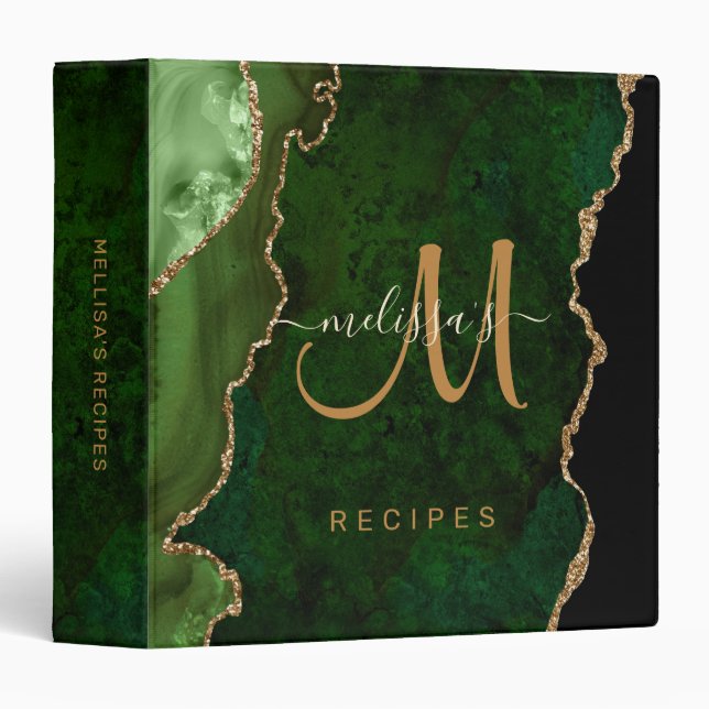 Chic Green Gold Glitter Agate Custom Monogram 3 Ring Binder (Front/Spine)