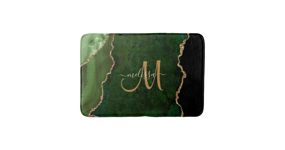 Chic Green Gold Glitter Agate Custom Monogram Bath Mat | Zazzle