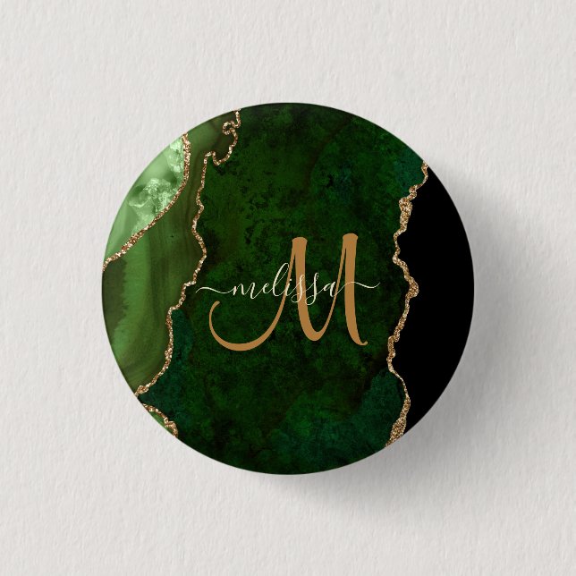 Chic Green Gold Glitter Agate Custom Monogram Button (Front)