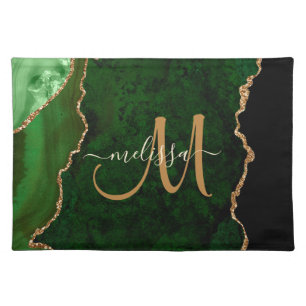 Chic Green Gold Glitter Agate Custom Monogram Cloth Placemat