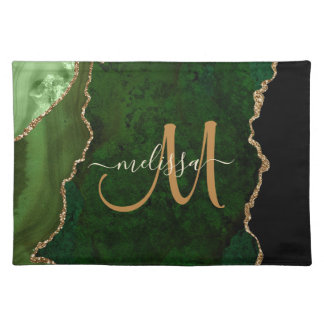 Chic Green Gold Glitter Agate Custom Monogram Cloth Placemat