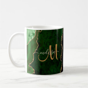 Chic Green Gold Glitter Agate Custom Monogram Coffee Mug