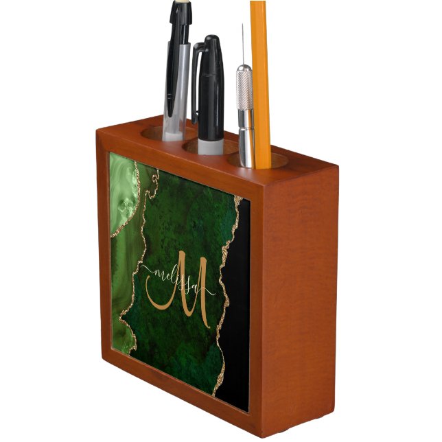 Chic Green Gold Glitter Agate Custom Monogram Desk Organizer (In Situ)