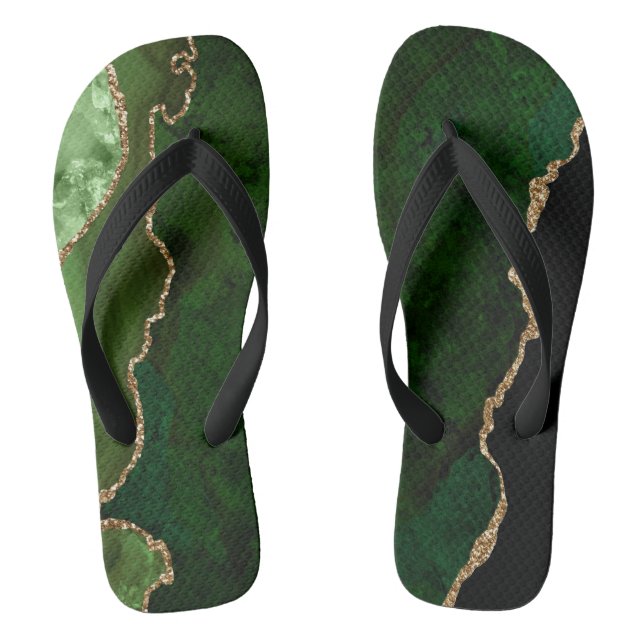 Chic Green Gold Glitter Agate Custom Monogram Flip Flops (Footbed)