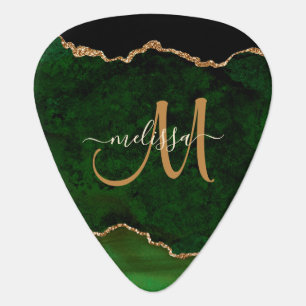 Chic Green Gold Glitter Agate Custom Monogram Guit Guitar Pick