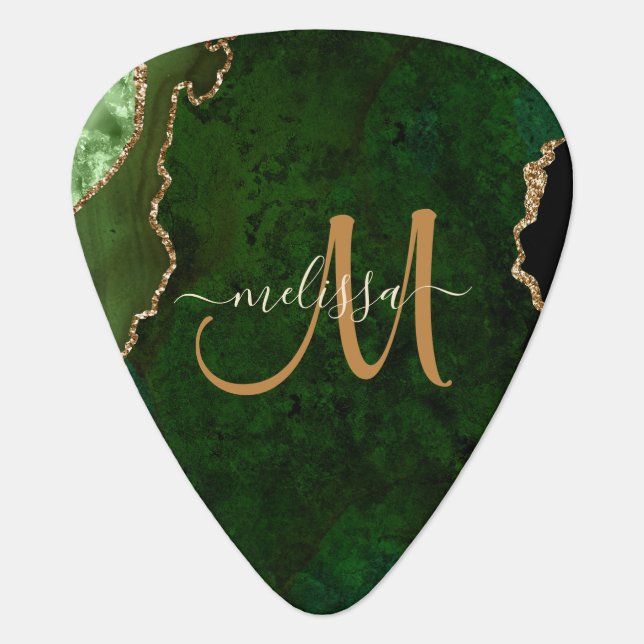 Chic Green Gold Glitter Agate Custom Monogram Guitar Pick (Front)