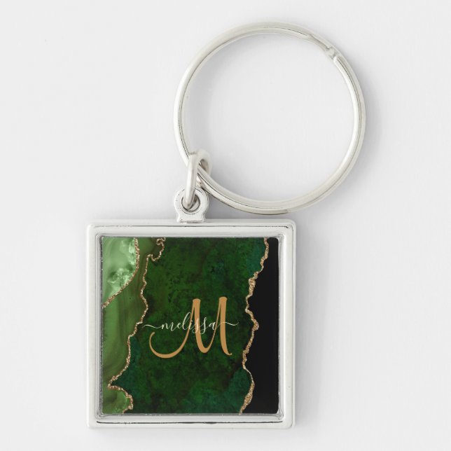 Chic Green Gold Glitter Agate Custom Monogram Keychain (Front)