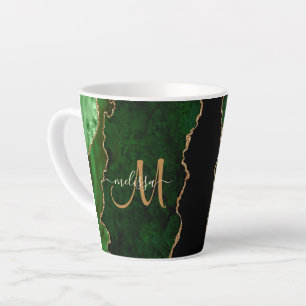 Chic Green Gold Glitter Agate Custom Monogram Latte Mug