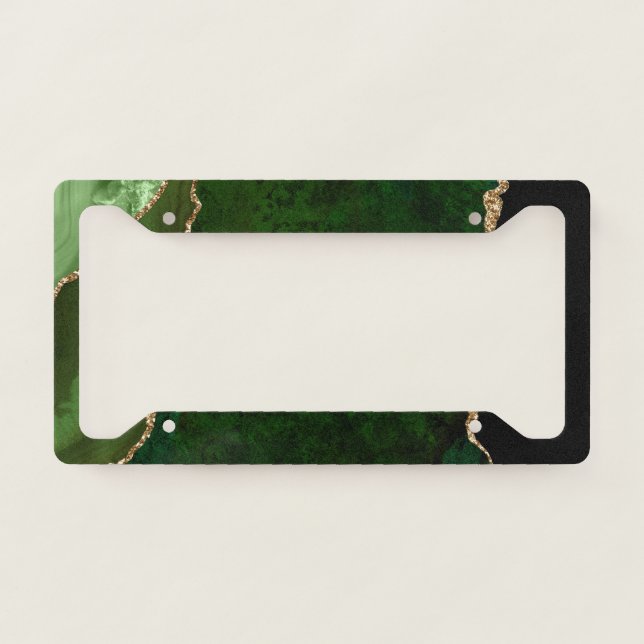 Chic Green Gold Glitter Agate Custom Monogram License Plate Frame (Front)