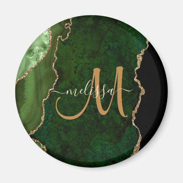 Chic Green Gold Glitter Agate Custom Monogram Magnet (Front)
