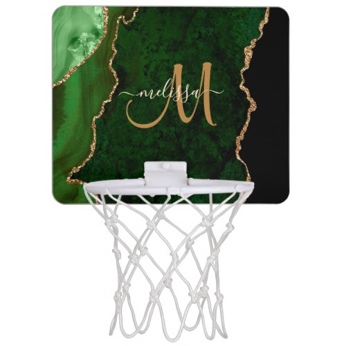 Chic Green Gold Glitter Agate Custom Monogram Mini Basketball Hoop