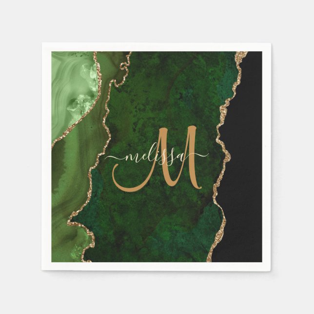 Chic Green Gold Glitter Agate Custom Monogram Napkins (Front)