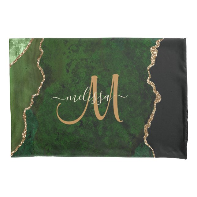 Chic Green Gold Glitter Agate Custom Monogram Pillow Case (Front)