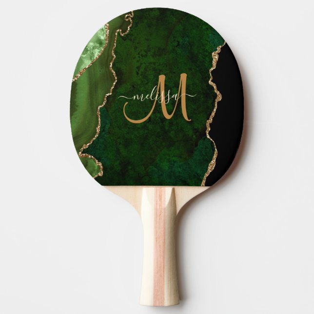 Chic Green Gold Glitter Agate Custom Monogram Ping Pong Paddle (Front)