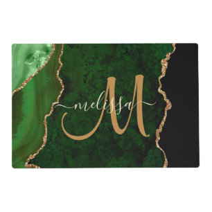 Chic Green Gold Glitter Agate Custom Monogram Placemat