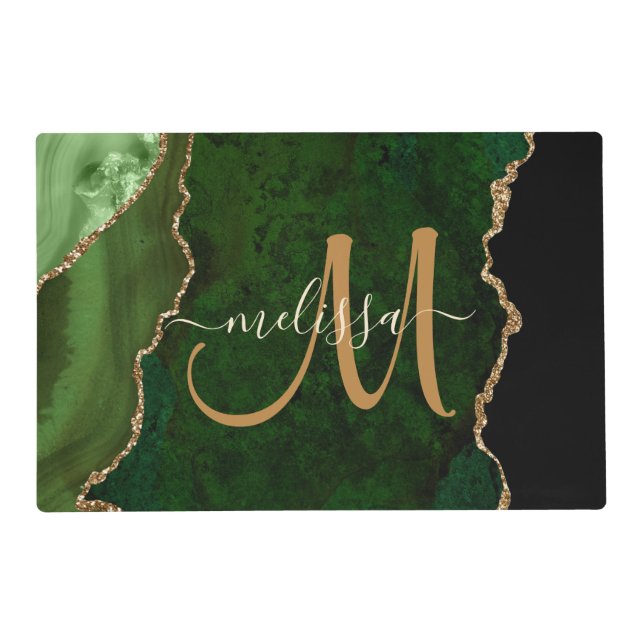 Chic Green Gold Glitter Agate Custom Monogram Placemat (Front)