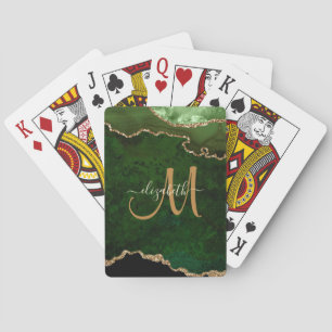Chic Green Gold Glitter Agate Custom Monogram Poker Cards