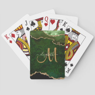 Chic Green Gold Glitter Agate Custom Monogram Poker Cards