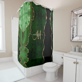 Chic Green Gold Glitter Agate Custom Monogram Shower Curtain