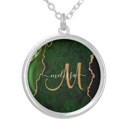 Chic Green Gold Glitter Agate Custom Monogram Silver Plated Necklace