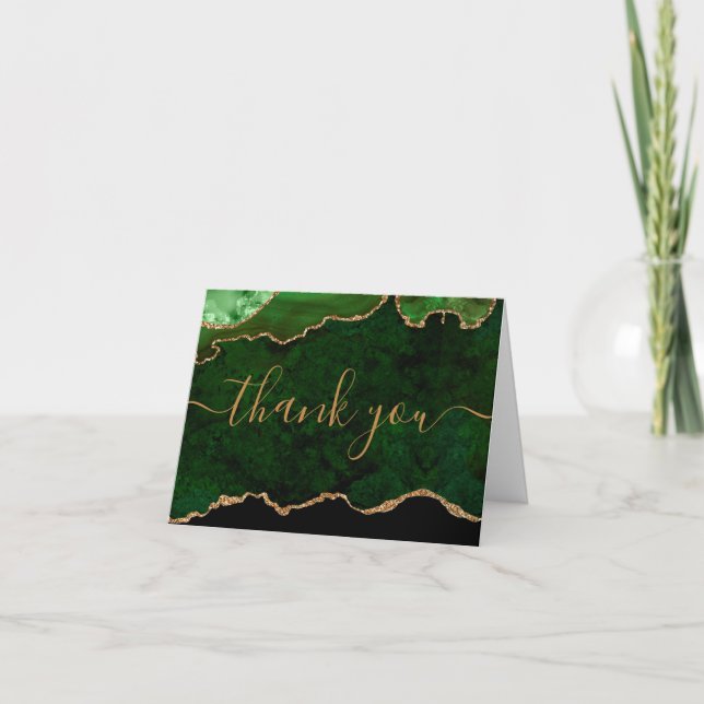 Chic Green Gold Glitter Agate Custom Monogram Thank You Card (Front)