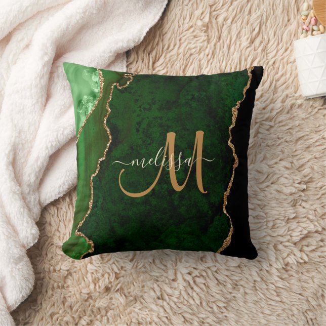Chic Green Gold Glitter Agate Custom Monogram Throw Pillow (Blanket)