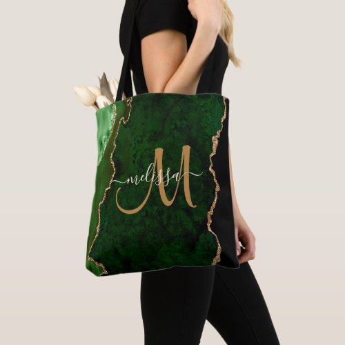 Chic Green Gold Glitter Agate Custom Monogram Tote Bag