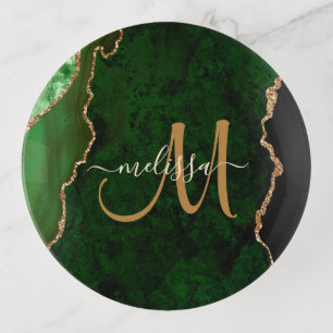 Chic Green Gold Glitter Agate Custom Monogram Trinket Tray