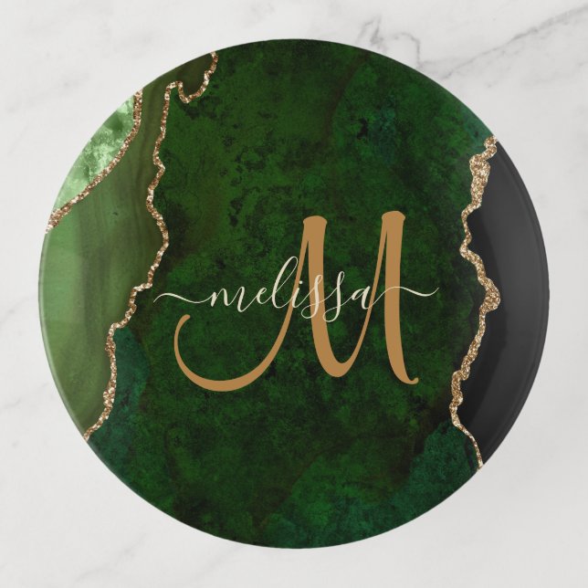 Chic Green Gold Glitter Agate Custom Monogram Trinket Tray (Front)