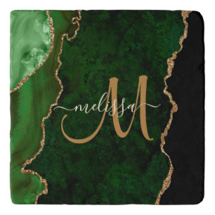 Chic Green Gold Glitter Agate Custom Monogram Trivet