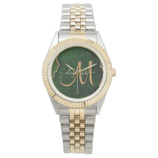 Chic Green Gold Glitter Agate Custom Monogram Watch