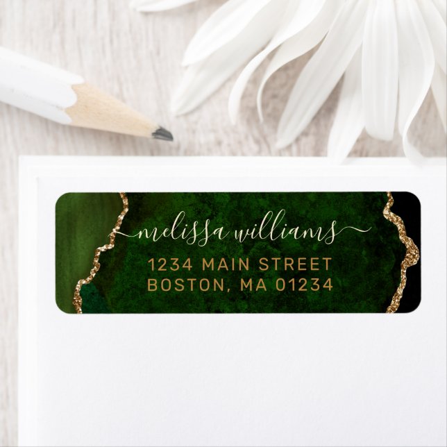 Chic Green Gold Glitter Agate Monogram Address Label (Insitu)