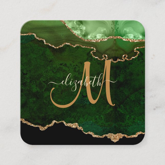 Chic Green Gold Glitter Agate Script Monogram Square Business Card (Front)