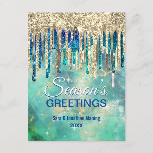 Chic green gold glitter drips Christmas new year Postcard