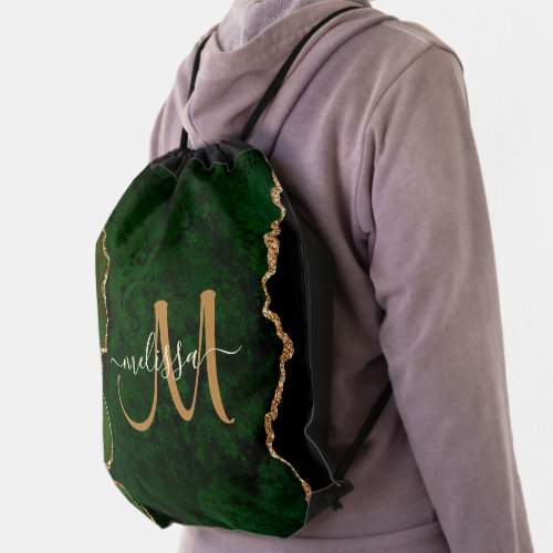 Chic Green Gold Glitter Script Custom Monogram Drawstring Bag