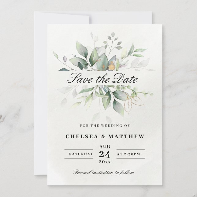 Chic Green & Gold Leafy Elegance Save The Date (Front)