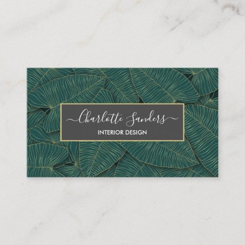 Chic green gold leaves business card