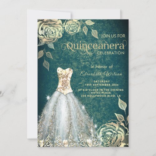 Chic green Gold roses trendy dress Quinceaera Inv Invitation