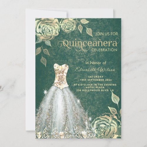 Chic green Gold roses trendy dress Quinceaera Invitation