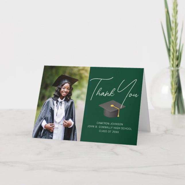 Chic Green Graduate Photo Custom Graduation Thank You Card (Front)