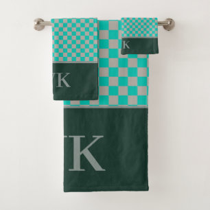 Chic Green & Gray Checkerboard Spa Monogram Bath Towel Set