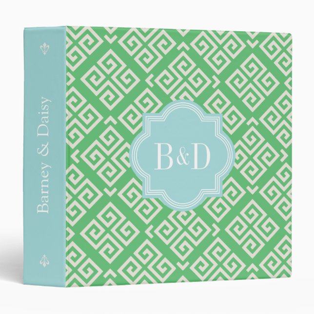 Chic green greek key geometric patterns monogram binder (Front/Spine)