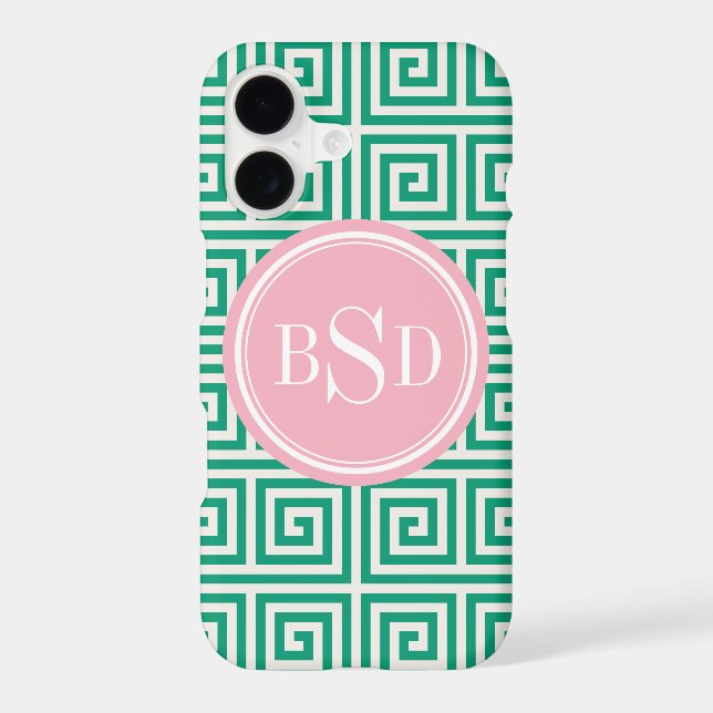 Chic green greek key geometric patterns monogram iphone case (Back)