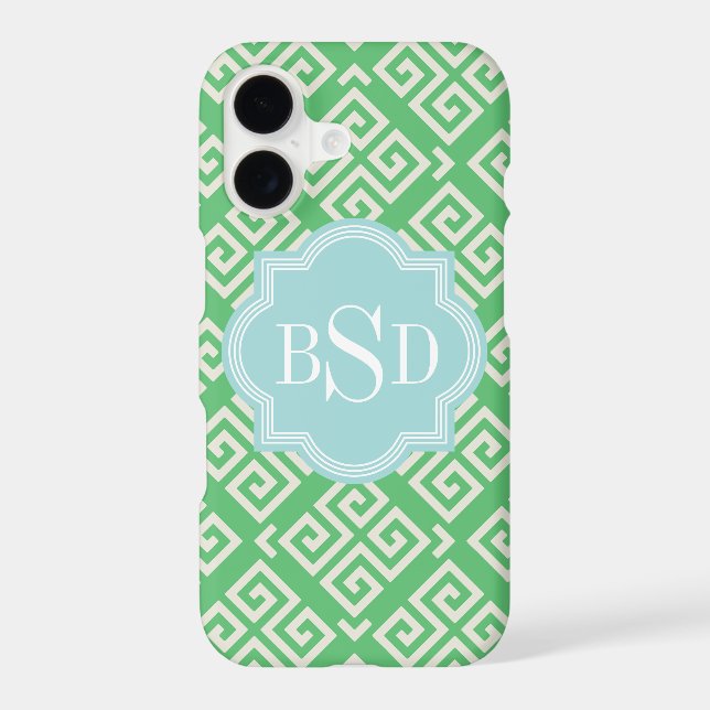 Chic green greek key geometric patterns monogram iphone case (Back)