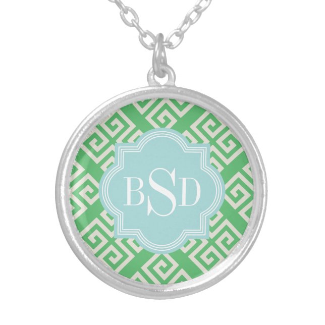 Chic green greek key geometric patterns monogram silver plated necklace (Front)